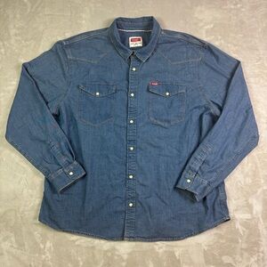 Wrangler Western Pearl Snap Denim Shirt Mens 2XL Rodeo Long Sleeve Top